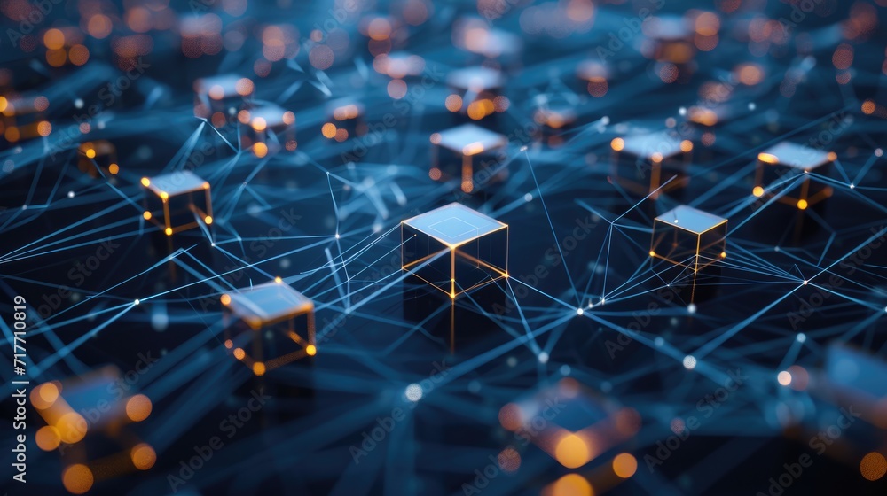 Wall mural cube figure and social connection lines technology background