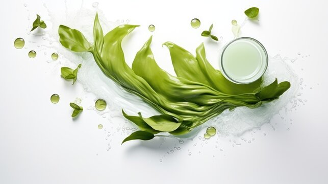 Organic cosmetic and beauty product for body and face care with marin algae. Jar of face or body cream and marin algae. Trendy sea algae cosmetics and seaweed