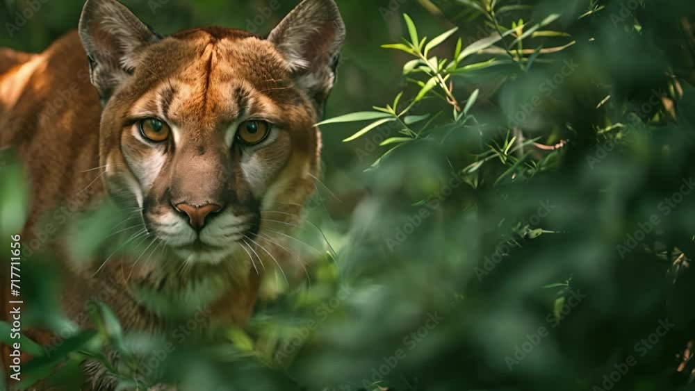 Poster closeup of a sleek and powerful puma its sharp amber eyes fixed on its prey as it glides silently th