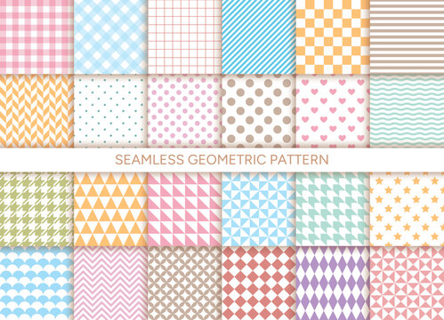 Set of 24 seamless geometric patterns in pastel colors with zigzag, striped, triangle, polka dot, check, hearts pattern for scrapbooking,fabric, wrapping.
