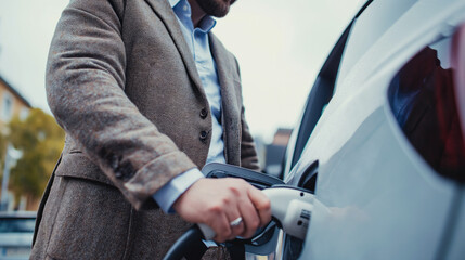 Young business man in suit  traveling by electric car at summer, having stop at charging station standing plugging cable
