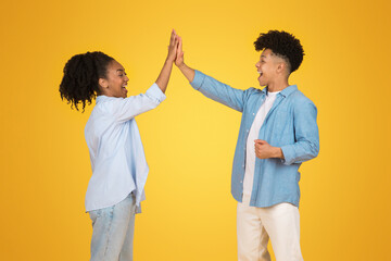 Joyful young couple celebrating success with a high five, smiling and laughing together