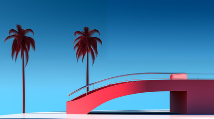 Naklejka premium palm tree on a blue and red staircase, in the style of minimalist stage designs 