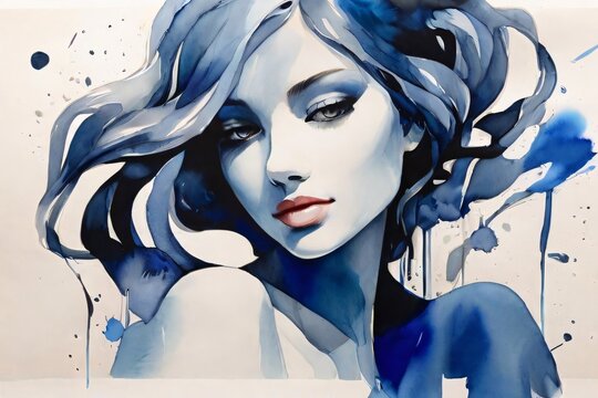 abstract watercolor art with blue light background silhouette of a girl impression of curved lines and spots of paint and ink on a light background, emotional illustration of femininity.