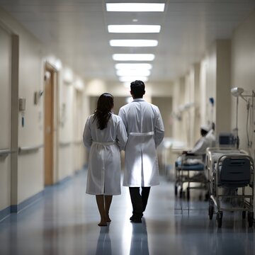 Doctor and patient walking side by side in hospital