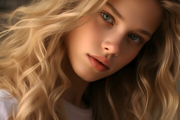 Naklejka premium Pretty teenage girl with green eyes and blond long hair