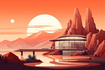 Fototapeten luxury futuristic house in desert landscape with pool illustration © krissikunterbunt