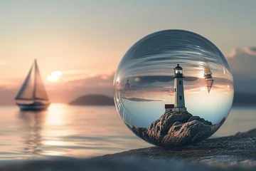 Tuinposter Tiny lighthouse and sailboats navigating a serene coastal scene inside a glass orb, capturing the maritime beauty of a seaside landscape, © Anmol