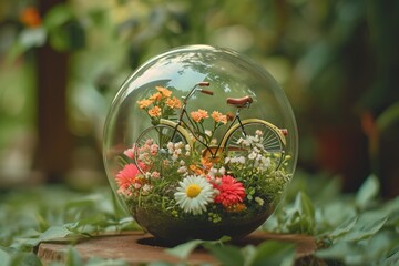 Tiny vintage bicycles and blooming flowers arranged in a charming garden scene inside a glass orb, evoking the whimsy of a summer day,