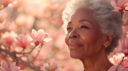 Concept a celebration of general health, portrait profile stylish elegant senior african american...