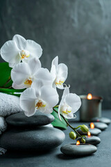 Orchids and stones on a gray spa background. Selective focus.
