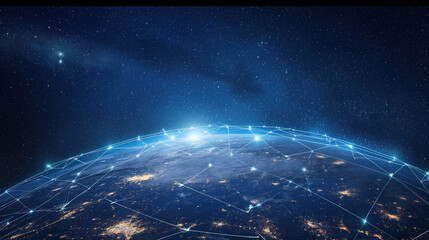 Telecommunication network above North America from space by night with city lights, satellite orbiting Planet Earth for Internet of Things IoT and blockchain technology