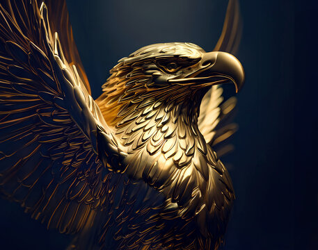 Gold statue of a majestic eagle raising its wings in dark background. Digital art.