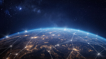 Telecommunication network above North America from space by night with city lights, satellite orbiting Planet Earth for Internet of Things IoT and blockchain technology