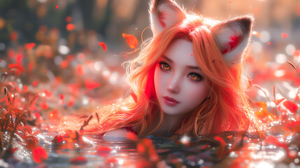 Young fox red-haired girl swimming in a lake with red flower petals falling around her.