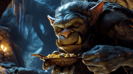 Troll enjoying a hearty stew in his cave. - obrazy, fototapety, plakaty