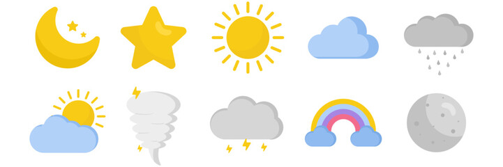 Collection of vector elements related to weather. Vector illustrations such as cloudy, rainy, sunny, tornado, and many more. Suitable for design needs