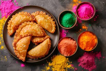 Holi concept - traditional food qujiyas and holi colored powders