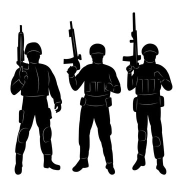 soldiers with weapons black silhouette, vector