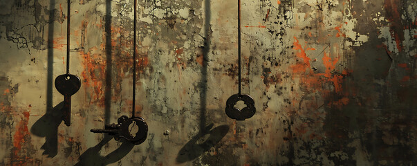 A composition of rusted keys hanging from strings, casting shadows on a textured wall, telling stories of forgotten loves - obrazy, fototapety, plakaty