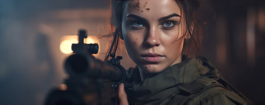 portrait of beautiful army suit with rifle in hands.