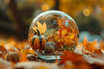 Tranquil autumn tableau captured within a glass ball, featuring miniature pumpkins, acorns, and richly colored leaves,