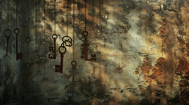 A composition of rusted keys hanging from strings, casting shadows on a textured wall, telling stories of forgotten loves