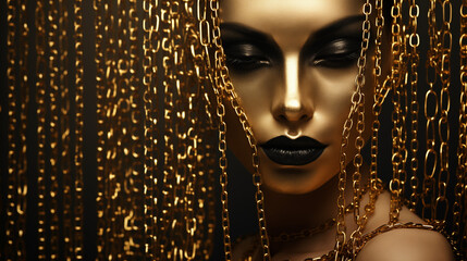Mysterious Woman With Dramatic Makeup Partially Hidden by Gold Chains