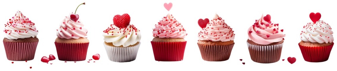 Set of Cupcake theme pink with hearts cherry cutout on transparent background. Valentine's day-wedding. advertisement. product presentation. banner, poster, card, t shirt, sticker.