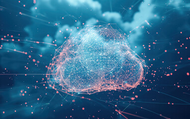 Cloud computing database design with neon plexus ton and cloud icon 3d render