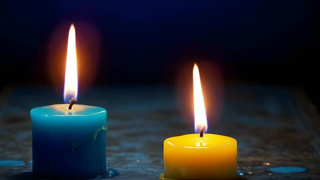 Burning candle in blue and yellow colors on black background