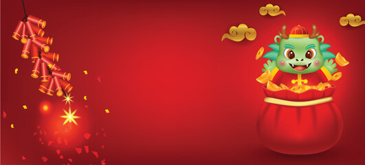Happy Chinese new year 2024 banner with cute dragon in a money bag