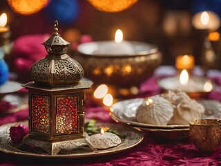 This image exquisitely captures the intimate essence of Eid Al-Fitr with a traditional lantern casting a warm glow over an ornate spread
