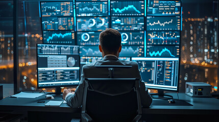 Professional Analyst Monitoring Data on Multiple Screens, A focused analyst sits in a high-tech control room monitoring live data on multiple computer screens at night. analyst; control room; multiple