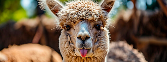 Portrait of an alpaca on a farm. Selective focus.