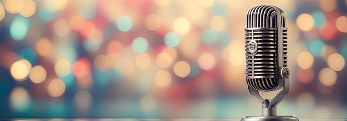 A vintage microphone on a stand illuminated by club lights, setting the scene for karaoke, podcasts, recording studios