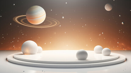 An empty white podium against the backdrop of orange outer space. for product display, Blank showcase, mock up template or cosmetic presentation.