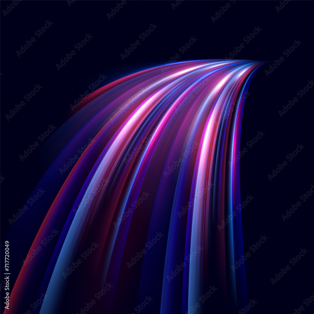 Poster Neon red and blue speed lines. Speed ​​of acceleration and movement. Light trails, motion blur effect. Night illumination in blue and red.	