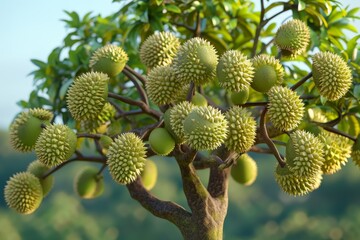 durian tree with several durians hanging from its branches - obrazy, fototapety, plakaty