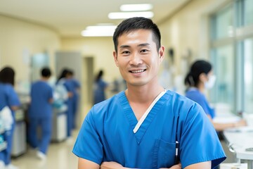 Portrait of working Japanese cheerful nursing staff wearing a light blue polo shirt Generative AI