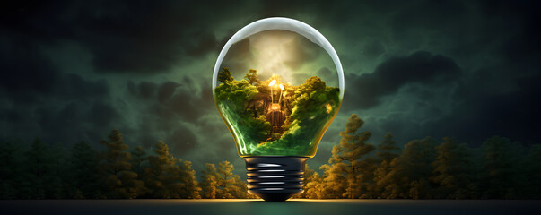 Green energy concept illustrating renewable and sustainable energy sources. An image of a green tree inside a light bulb symbolizes environmental protection and eco-friendly energy solutions. - obrazy, fototapety, plakaty