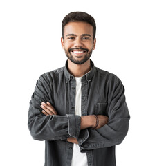 Portrait of handsome smiling young man with folded arms isolated transparent PNG, Joyful cheerful casual businessman with crossed hands studio shot - 717721038