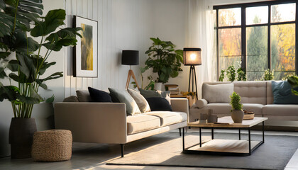 Modern living room interior with stylish comfortable sofa. Generative AI.