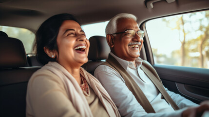 Happy  senior couple of Indian ethnicity sitting inside a car and enjoying the trip - obrazy, fototapety, plakaty