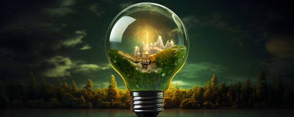 Green energy concept illustrating renewable and sustainable energy sources. An image of a green tree inside a light bulb symbolizes environmental protection and eco-friendly energy solutions.