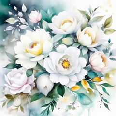 Watercolor white flowers illustraration. Spring floral pattern