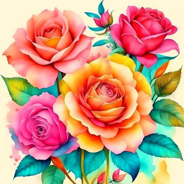 Watercolor roses flowers illustraration. Spring floral pattern