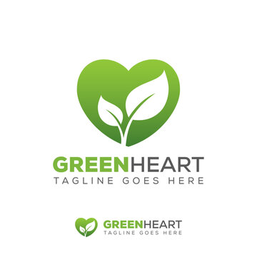 Heart with leaf logo, green heart logo vector design template with heart shape and leaf