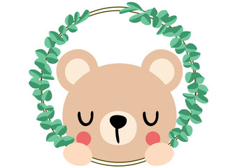 Friendly teddy bear peeking out of round leaves frame