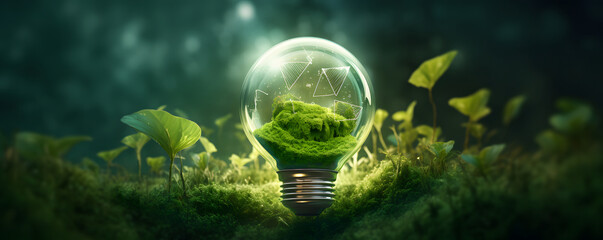 Obraz na płótnie Canvas Green energy concept illustrating renewable and sustainable energy sources. An image of a green tree inside a light bulb symbolizes environmental protection and eco-friendly energy solutions.